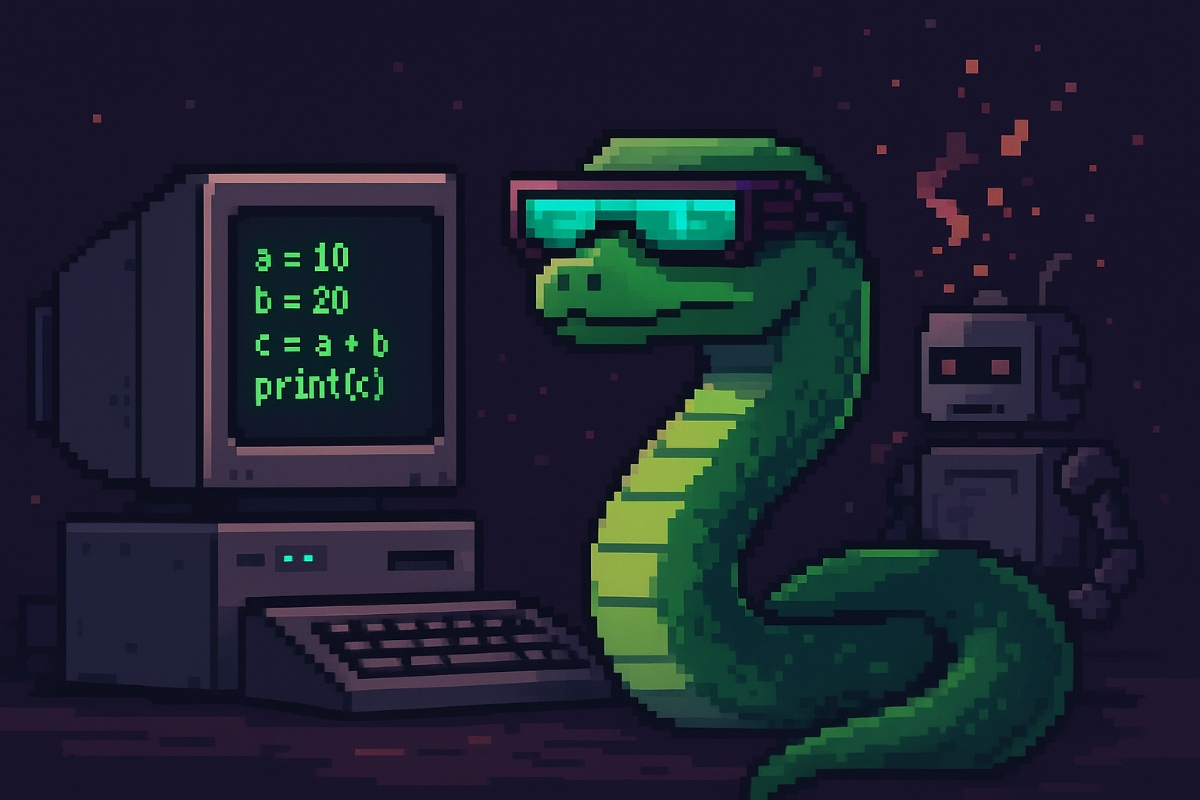 serpent Python coiffé de lunettes cyberpunk, codant sur un vieux terminal pendant qu’un robot plante derrière lui.