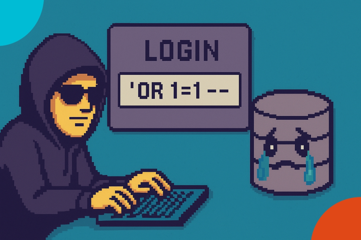 illustration cartoon/pixel art : un hacker avec lunettes de soleil qui tape ' OR 1=1 -- dans un champ de login, et la base de données qui pleure. Balise :