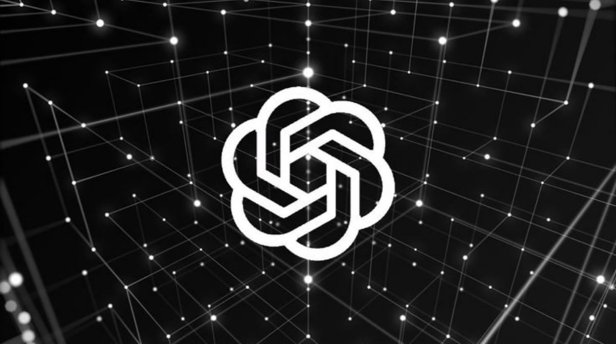 Le logo de ChatGPT sur un fond noir avec des lignes sous forme de liaison