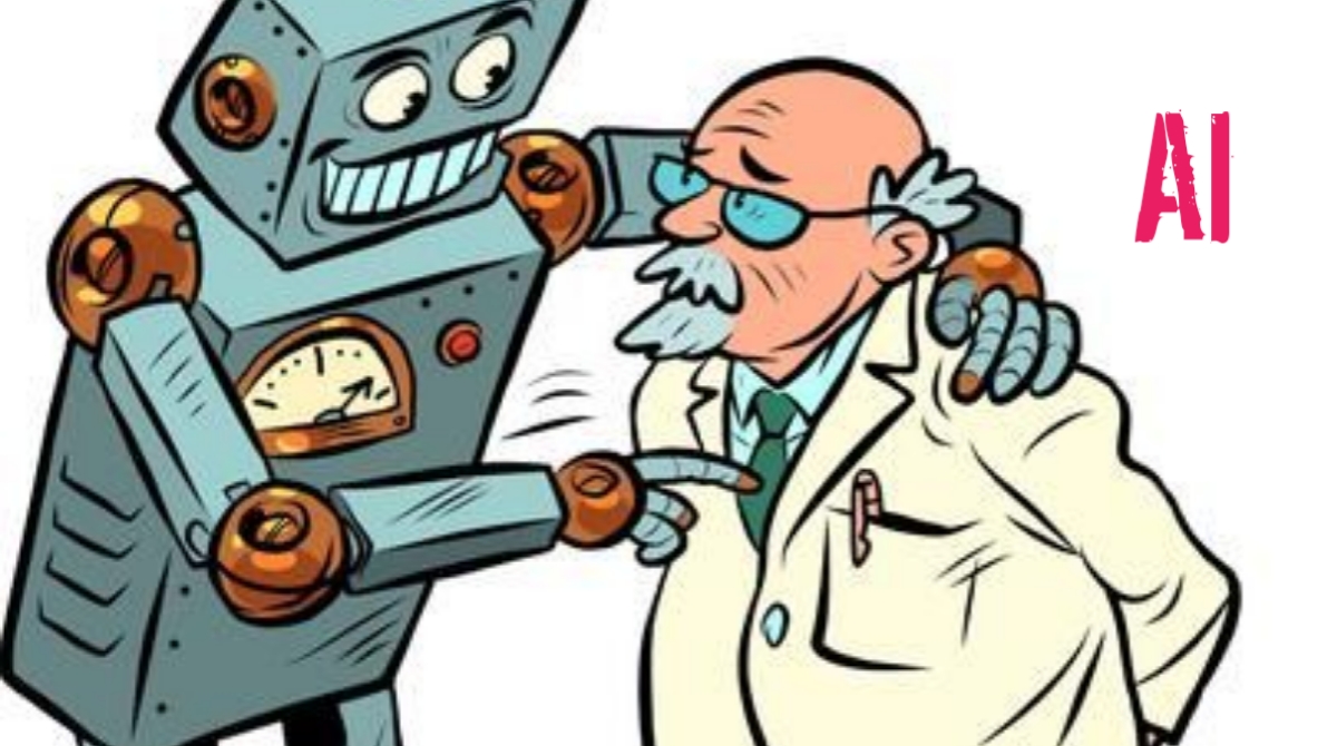 Un Robot pointant du doit un vielle homme scientifiques