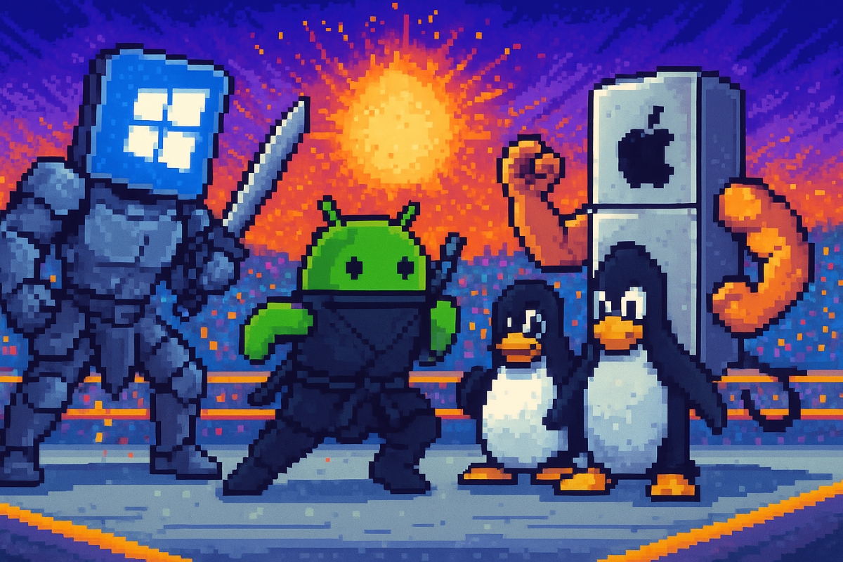 Un pixel art d’un PC anthropomorphe en armure, un smartphone ninja, un serveur bodybuilder et un frigo cyborg qui se battent dans une arène façon Super Smash Bros.