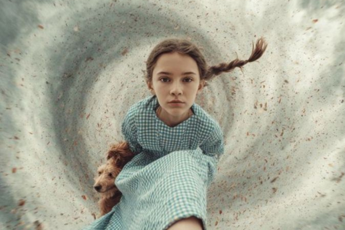 Une petite fille se tenant dans un tourbillon de vent