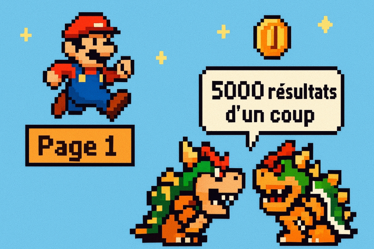 Un Mario pixel art qui saute de Page 1 à Page 2 , en évitant un Bowser qui représente 5000 résultats d’un coup .
