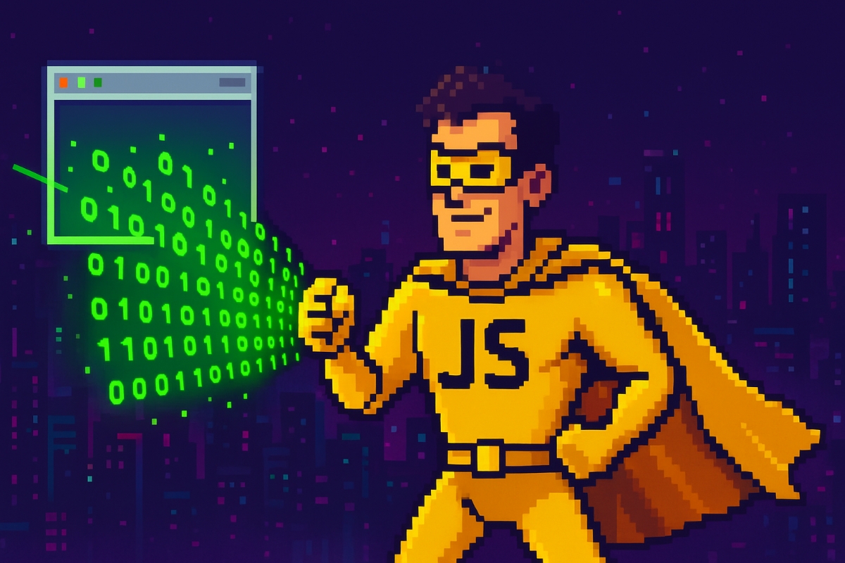 Un super-héros pixel art en costume JavaScript jaune, lançant des rayons de code depuis son navigateur, avec un fond cyberpunk.