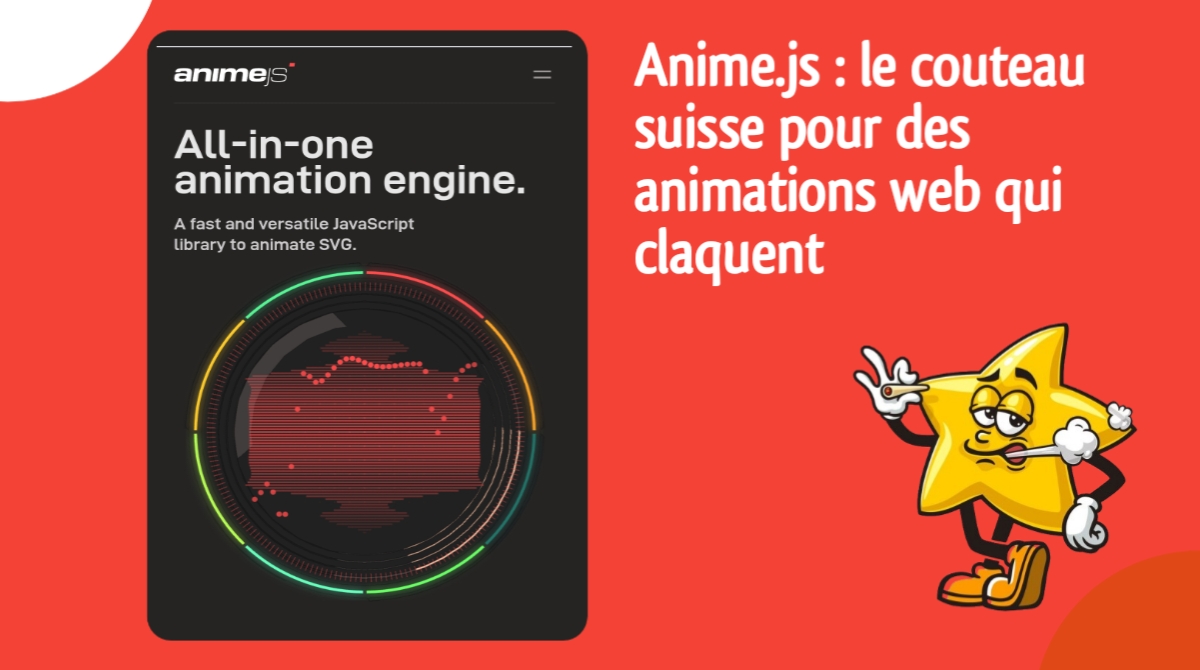 Interface montrant des animations fluides SVG et DOM réalisées avec Anime.js dans un fond sombre stylé