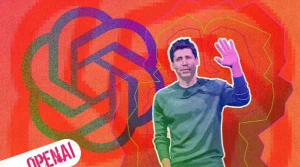 Sam altman cofondateur de ChatGPT sur un fond rouge avec logo de ChatGPT