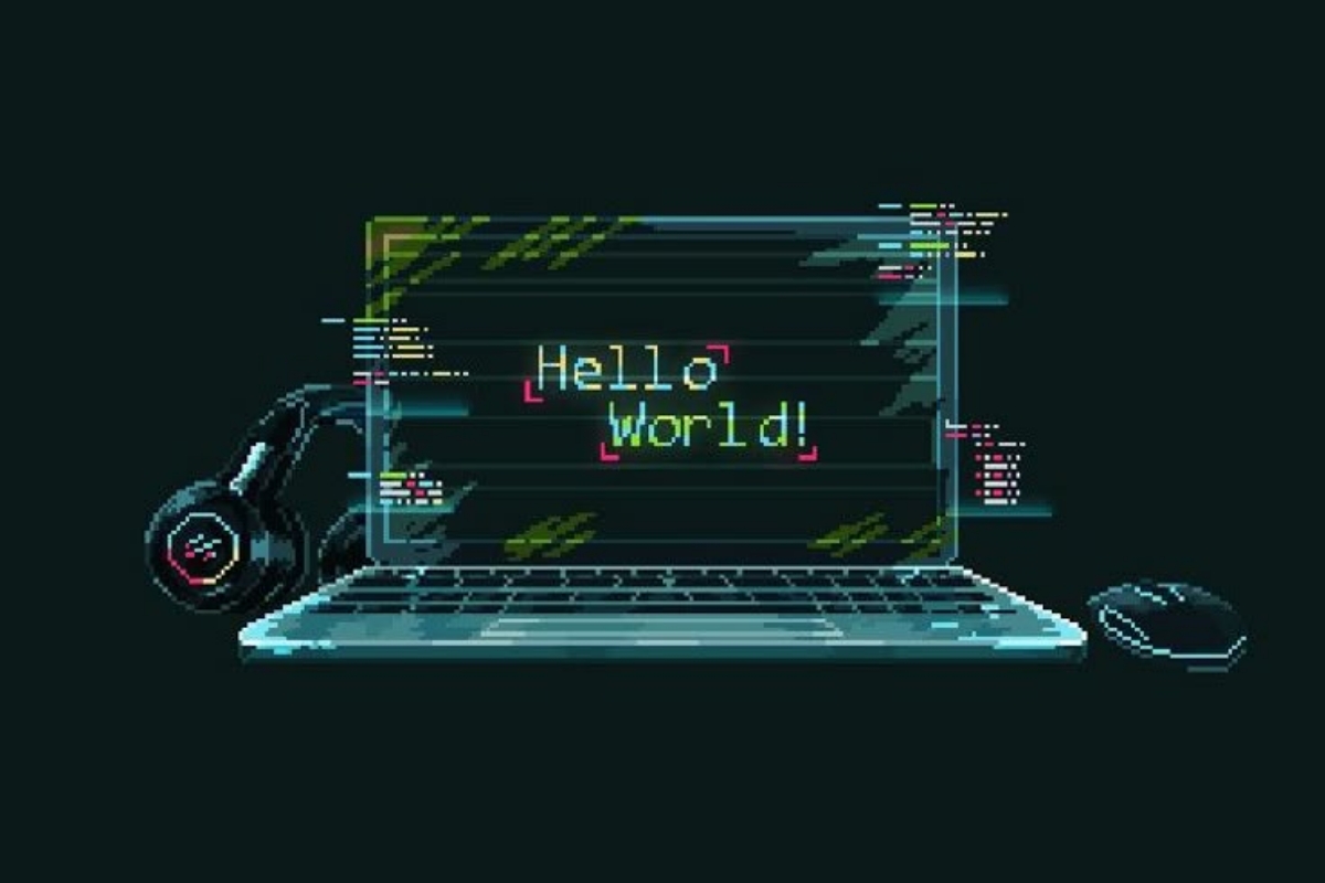 Ordinateur sur fond sombre avec écrits hello word type cyberpunk
