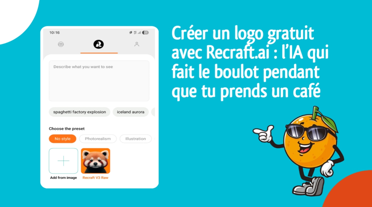 Interface Recraft.ai montrant la génération automatique d’un logo moderne sur fond sombre