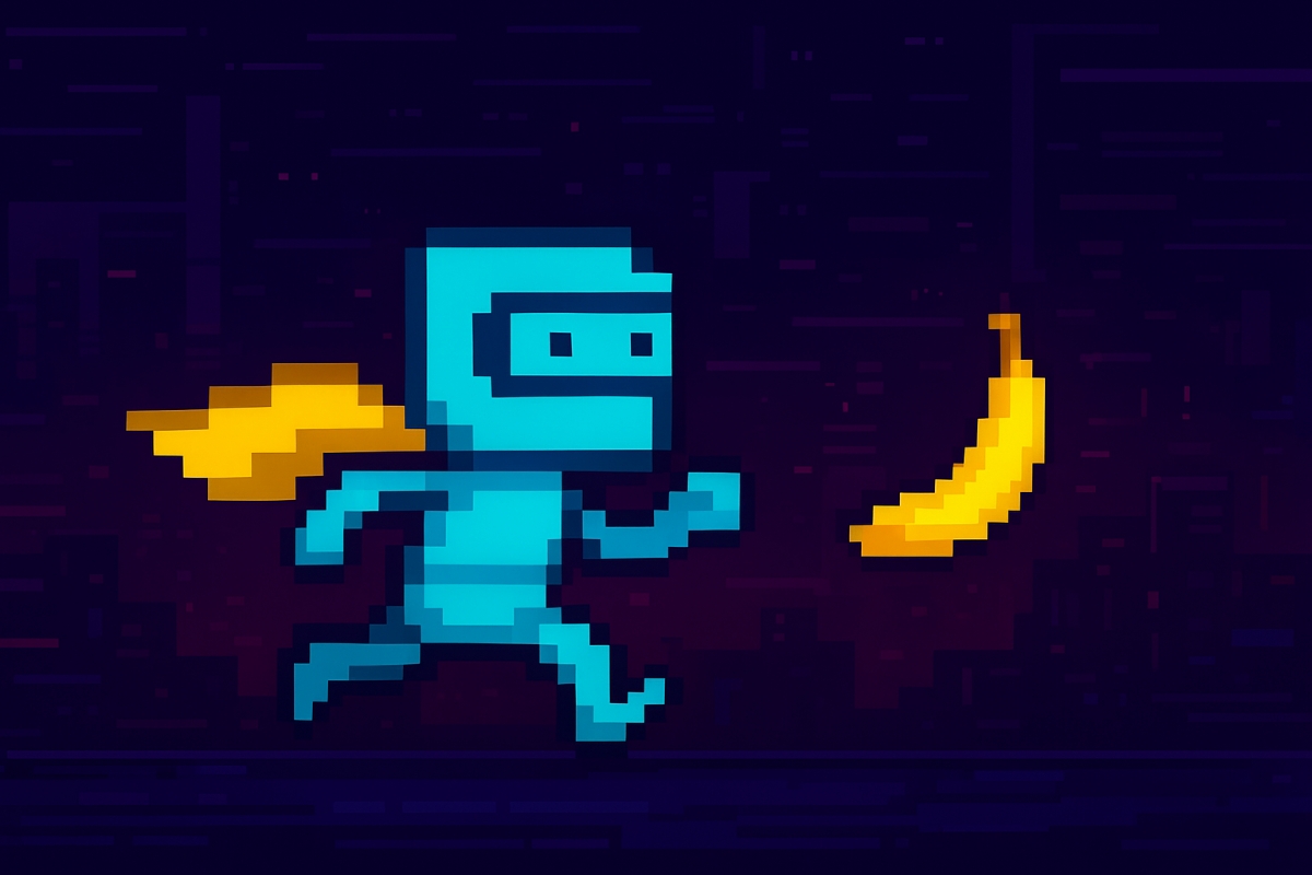 un pixel-art cartoon : Un petit carré cyan déguisé en héros 8-bit qui court après une banane brillante, le tout dans un décor sombre façon cyberpunk.
